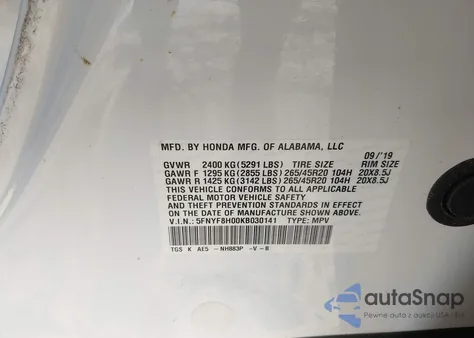 2019 Honda Passport Elite из США, поврежденный, VIN 5FNYF8H00KB030141